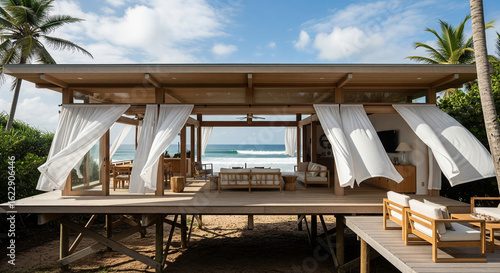 Open-plan beach house on stilts with white curtains blowing in the ocean breeze.