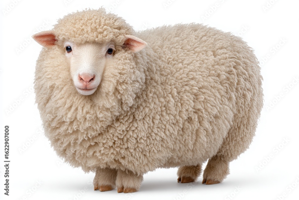 Fototapeta premium A fluffy sheep with soft, rounded features stands still on a plain white background. The sheep has a charming expression, highlighting its thick wool coat, giving it an adorable appearance.