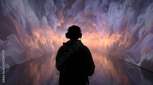 Back view of a person in a hoodie wearing headphones, facing a colorful abstract digital art display of swirling purple and orange clouds