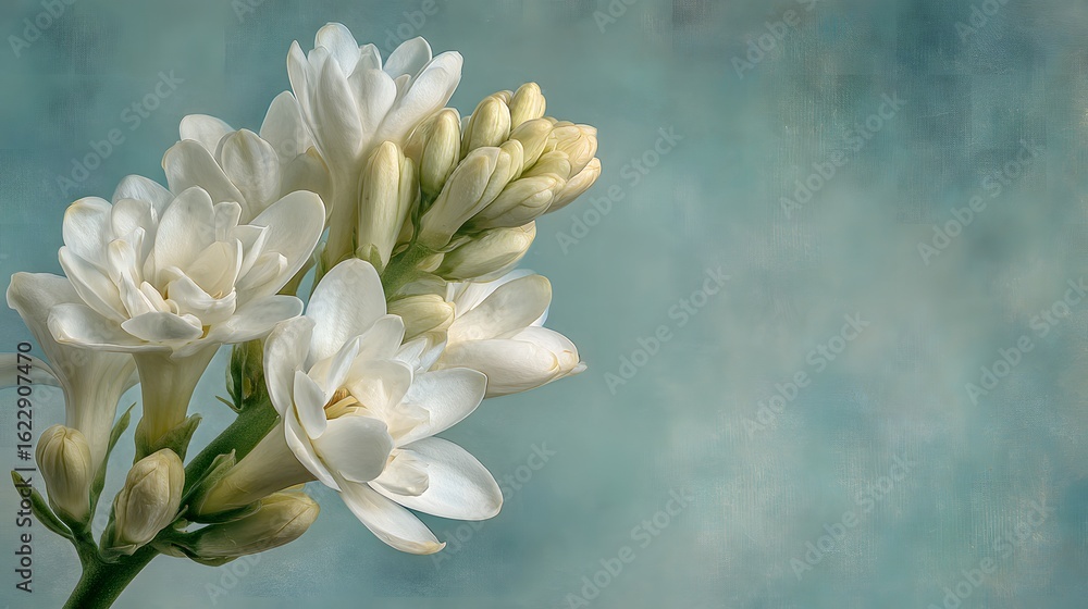 Obraz premium Close up of white tuberose flowers with delicate petals and buds against a textured blue-green background