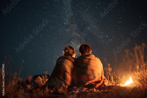 Romantic couple watching starry night sky by cozy campfire in peaceful meadow, sharing blanket and creating lasting memories together
