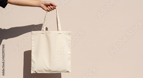 A person's arm holding a blank, beige tote bag against a pink wall.