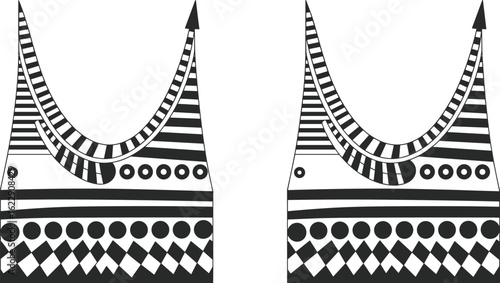 Black and white geometric tent, abstract pattern, diamond shapes, striped fabric structure, circular design elements, modern vector art, symmetrical illustration