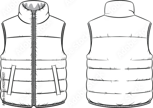 Puffer vest technical sketch, flat fashion vector, winter apparel design, sleeveless jacket drawing, garment CAD template, detailed outline, illustration