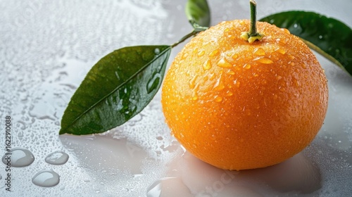 Juicy Tangerine Delights: A vibrant, dew-kissed tangerine, accompanied by its fresh green leaf, rests elegantly, showcasing the freshness and natural beauty. 