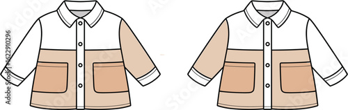 Color block toddler jackets with front pockets and buttons flat sketch, kidswear fashion template, CAD drawing flat vector illustration