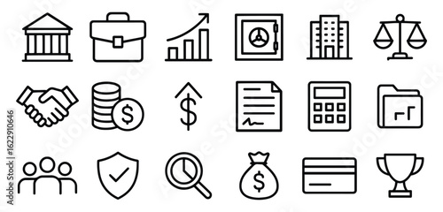 Big Set of Business and Finance Line Art Vector Icons. Minimalist Outline Symbols for Corporate, Banking, and Investment Design. Money, Growth, and Success Icon Collection for Web and UI.