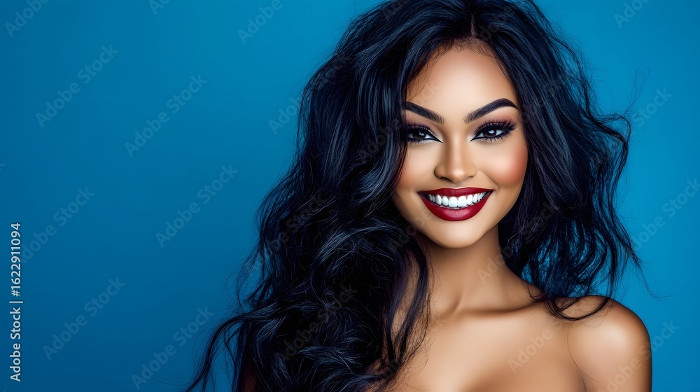 Fototapeta premium Stunning Woman with Long Black Hair and Red Lips