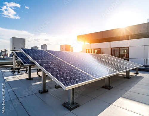 Rooftop solar panels under a bright sky