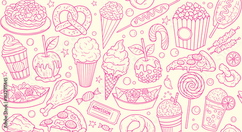 Fair Food Doodle Seamless Pattern Vector. Pink Line Art Background of Carnival and Street Food Snacks. Hand Drawn Illustration for Fabric, Print, Wallpaper, and Party Menu Design Projects.