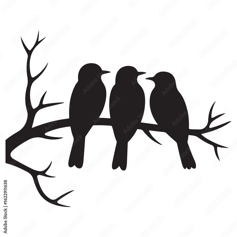 Naklejka premium Cute bullfinch and other wild birds on a winter tree branch, with some in silhouette, as a vector illustration or drawing
