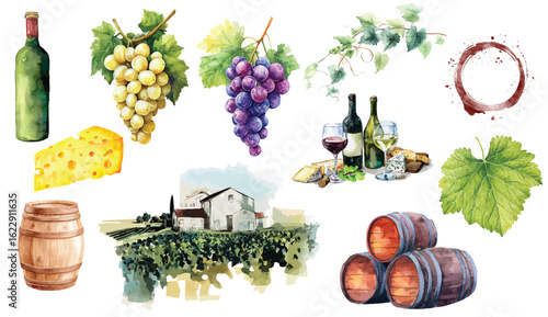 Collection of wine and cheese images. The wine includes a bottle, a wine glass, and a wine barrel