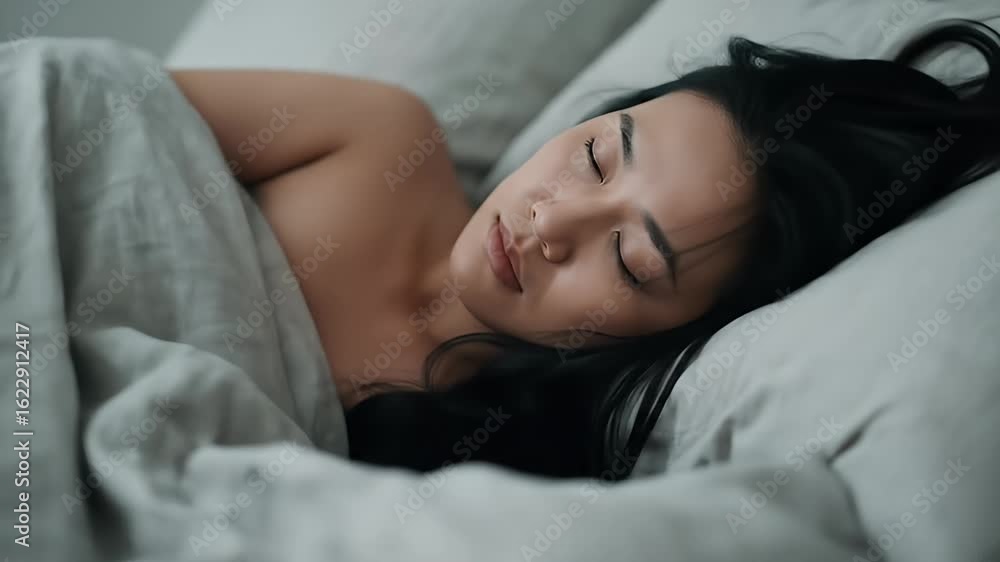 Serene young woman peacefully sleeping soundly in bed, covered by a light grey blanket. Serene young woman peacefully sleeping soundly in bed, covered by a light grey blanket.