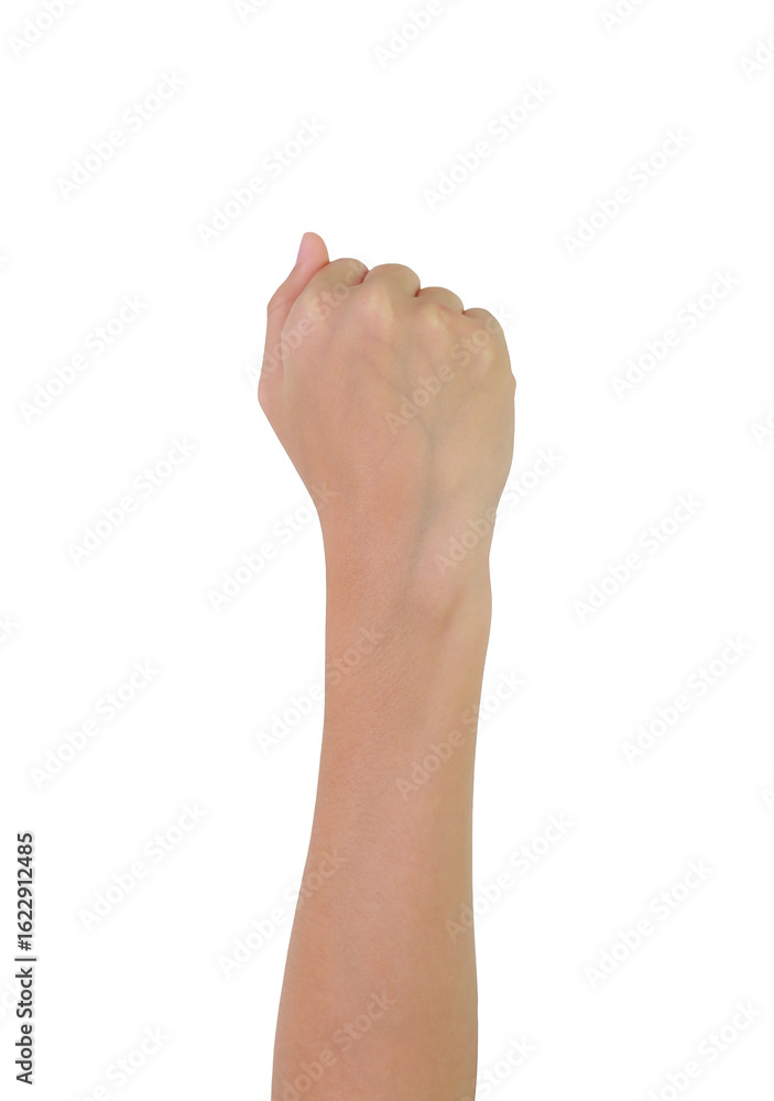 Fist raised in solidarity and defiance against white background with strong arm. Fist raised in solidarity and defiance against white background with strong arm.