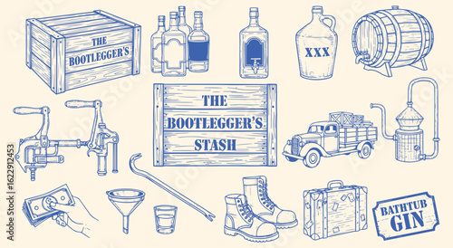 "The Bootlegger's Stash" Vector Illustration Set. Blue Hand Drawn Graphics of Prohibition Era and Speakeasy Elements. Vintage Moonshine and Bootlegging Icons for Themed Design Projects.