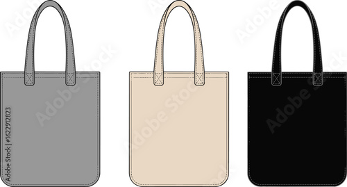 Tote bag CAD mockup, vector flat drawing, minimal handbag design, accessory illustration, fashion template, technical sketch for design