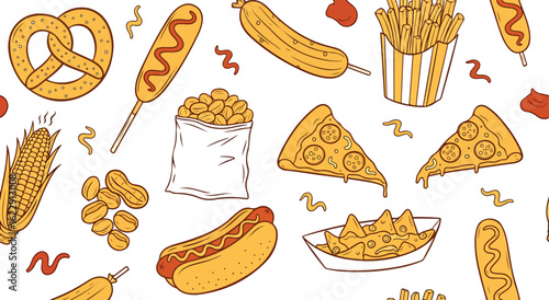 Fair Food Seamless Pattern Vector. Yellow and Red Hand Drawn Background of Carnival and Street Food Snacks. Doodle Illustration for Fabric, Print, Wallpaper, and Party Menu Design.