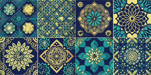 Seamless patterns featuring elegant designs in blue and gold hues, showcasing a sophisticated color combination..eps