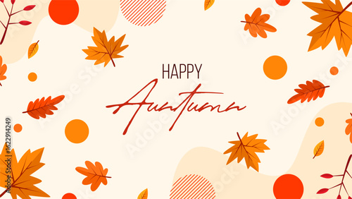 Autumn greeting card with falling leaves in flat cartoon style