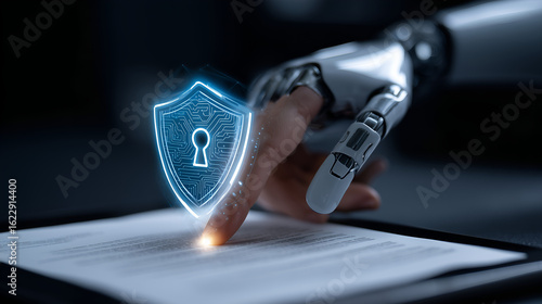 Digital Fortress: An advanced robotic hand interacts with a digital security shield, symbolizing the intersection of technology and data protection.