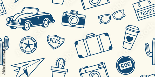 Road Trip Doodle Seamless Pattern Vector. Blue Line Art Background of a Classic Car, Camera, and Travel Icons. Hand Drawn Vacation Illustration for Fabric, Print, and Wallpaper Design.