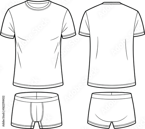 Front and back view of T-shirt and boxer briefs, stitch detail, seam placement, underwear sketch, cad drawing flat vector illustration
