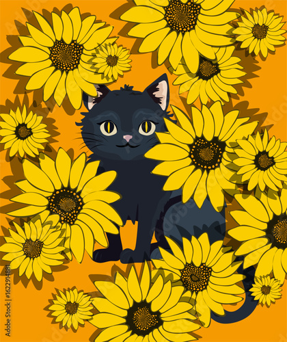 Cute black cat sits peacefully among sunflowers plants.