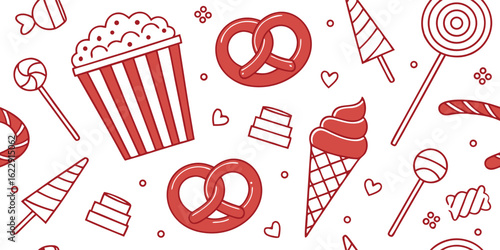 Fair Food Seamless Pattern Vector. Red Line Art Background of Carnival and Movie Theater Snacks. Cute Doodle Illustration of Popcorn, Pretzels, and Ice Cream for Party and Print Design.