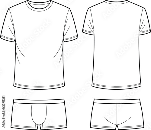 T-shirt and boxer briefs front and back views, basic clothing sketches, round neckline, close fit, cad drawing flat vector illustration