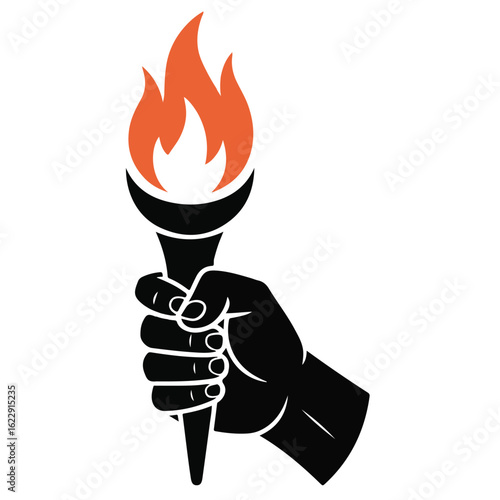 A stylized vector illustration of a hand holding a burning Olympic torch, a symbol of power and light
