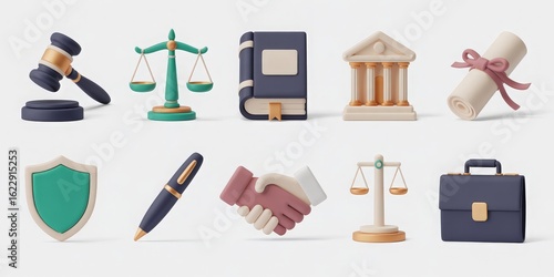 Set of 10 3D law and justice icons on a white background, ideal for legal websites and law firm branding