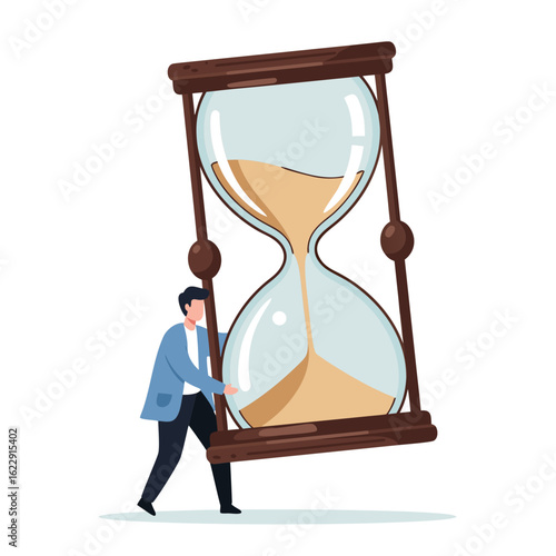 A person carries a huge, fragile hourglass: a metaphor for the weight of responsibility for time, life, and destiny, where each grain of sand represents a precious and irreplaceable moment.