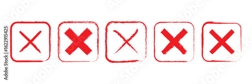 Hand-painted red wrong signs, red crosses brush strokes, abstract aversion icons, NO checkbox button,  vector. illustration, UI elements, interface design.