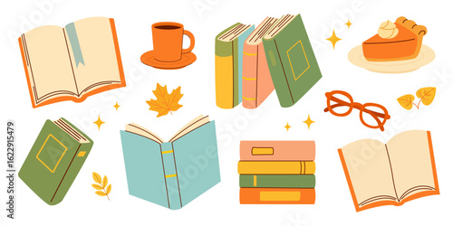 Autumn Book Collection with Cozy Coffee, Warm Pie, Falling Leaves and Glasses for Relaxing Fall Reading Moments in Flat Vector Style on White Background