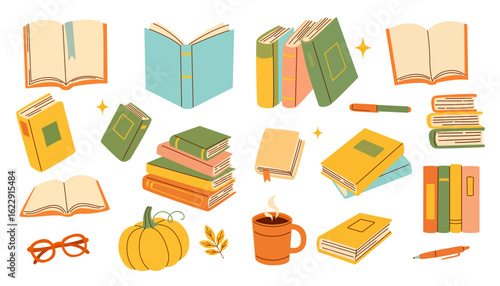 Autumn-Inspired Book Illustration Featuring Books in Various Arrangements with Reading Accessories, Pumpkin Accent, and Warm Cozy Colors Evoking a Relaxing Seasonal Mood