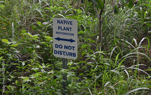 Native plant restoration sign in front of vegetation