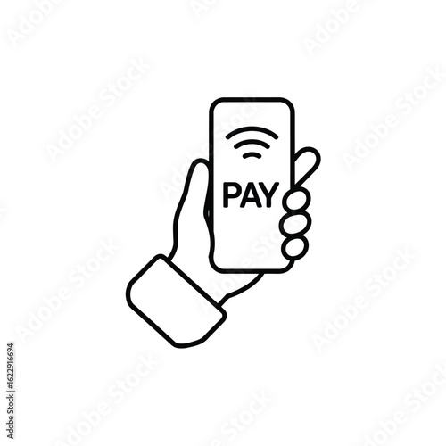 Hand holding smartphone with pay and wireless signal icon