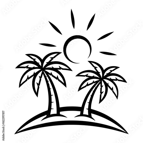 Black and white graphic of two palm trees and a sun on a white background tropical island