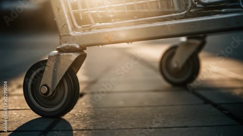 Close-up of Shopping Cart Wheels Rolling on Pavement with Dramatic Lighting