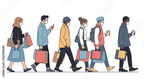 People wearing face masks walking with shopping bags and coffee cups outdoors