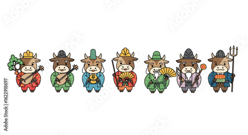 Charming Cartoon Ox Characters Dressed in Traditional Chinese Attire Displaying Diverse Professions and Hobbies