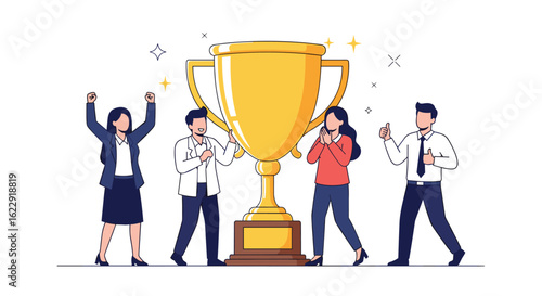 Teamwork and achievement a celebration of success with a golden trophy and joyful employees
