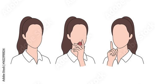 Three Illustrations of a Person Demonstrating Different Hand Gestures and Facial Expressions for Communication