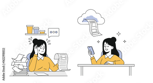 Confused worker finds a solution on her phone leading to a happy and productive outcome