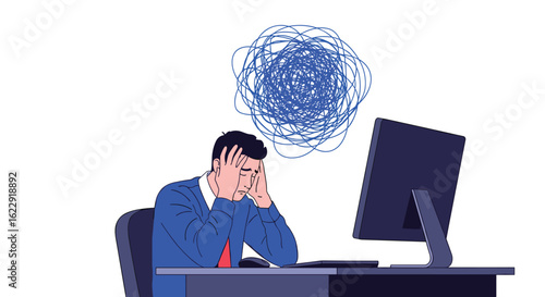 Overwhelmed Person Feeling Anxious Struggling with Work Tasks Sitting at Desk Stressed