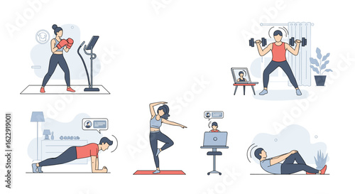 People exercising at home with fitness equipment and virtual classes