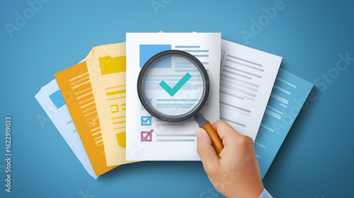 Document Verification: A hand meticulously examines important documents with a magnifying glass, symbolizing the critical process of careful evaluation, fact-checking, and thorough review.