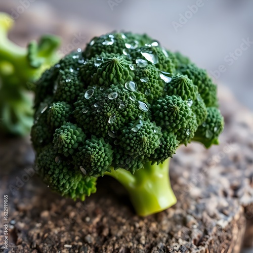 Wallpaper Mural Close-up of a Fresh Green Broccoli Head with Water Droplets on a Rustic Textured Surface Torontodigital.ca