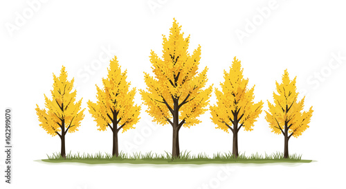 Vibrant Autumn Trees in a Row Displaying Yellow Leaves and Green Ground Cover