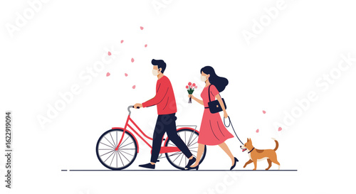 A Romantic Evening Walk Together With A Bicycle And A Happy Dog